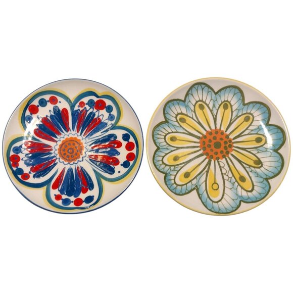 Set Of 2 Crate & Barrel Boho Organic Floral Ceramic Plates 8" Multicolor - Picture 2 of 7
